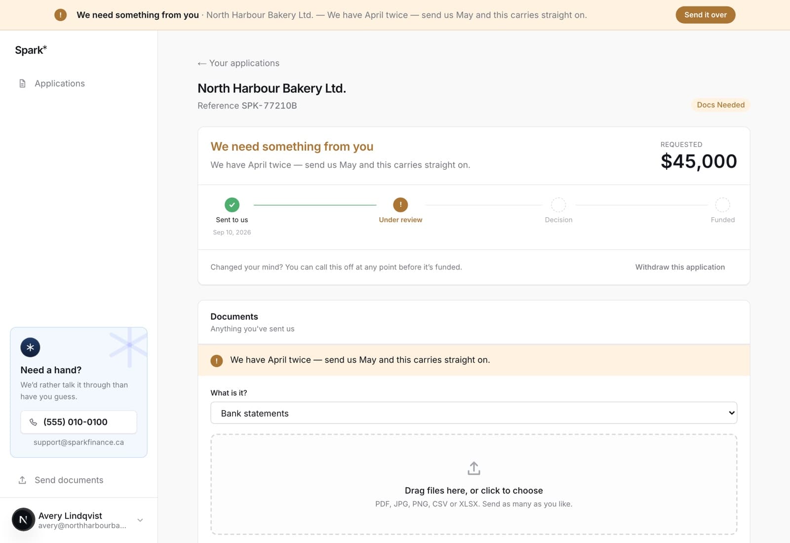 An application page. Under the four-stage tracker, a line reading changed your mind, you can call this off at any point before it's funded, with a Withdraw this application link.