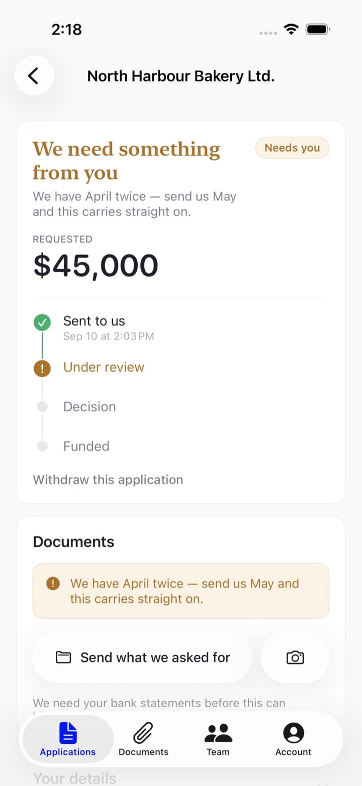 The same application open in the Spark iPhone app, showing each step and which are complete.