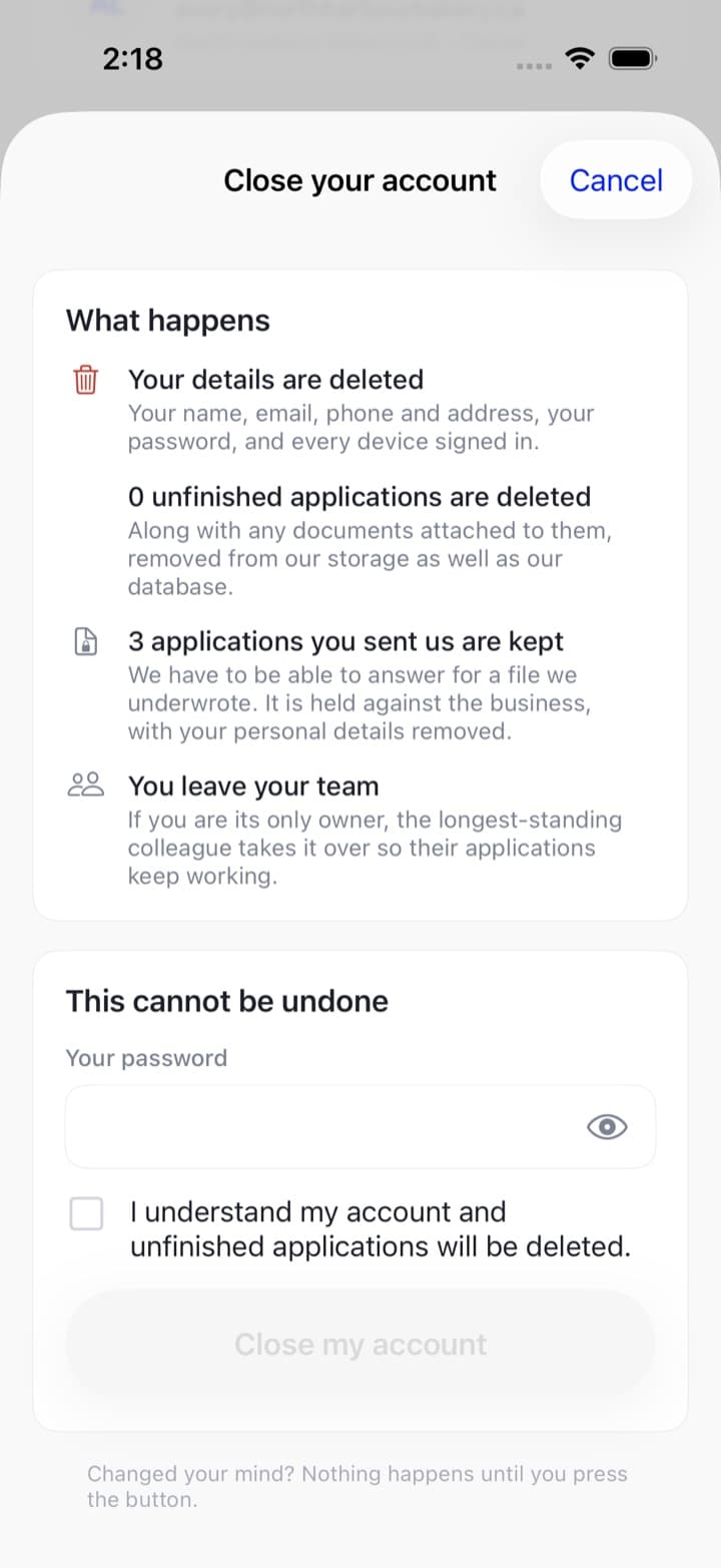 The close your account sheet in the Spark app: a what happens list covering deleted details, unfinished applications deleted, applications you sent us kept, and you leave your team; then a password field, a confirmation checkbox and a Close my account button.