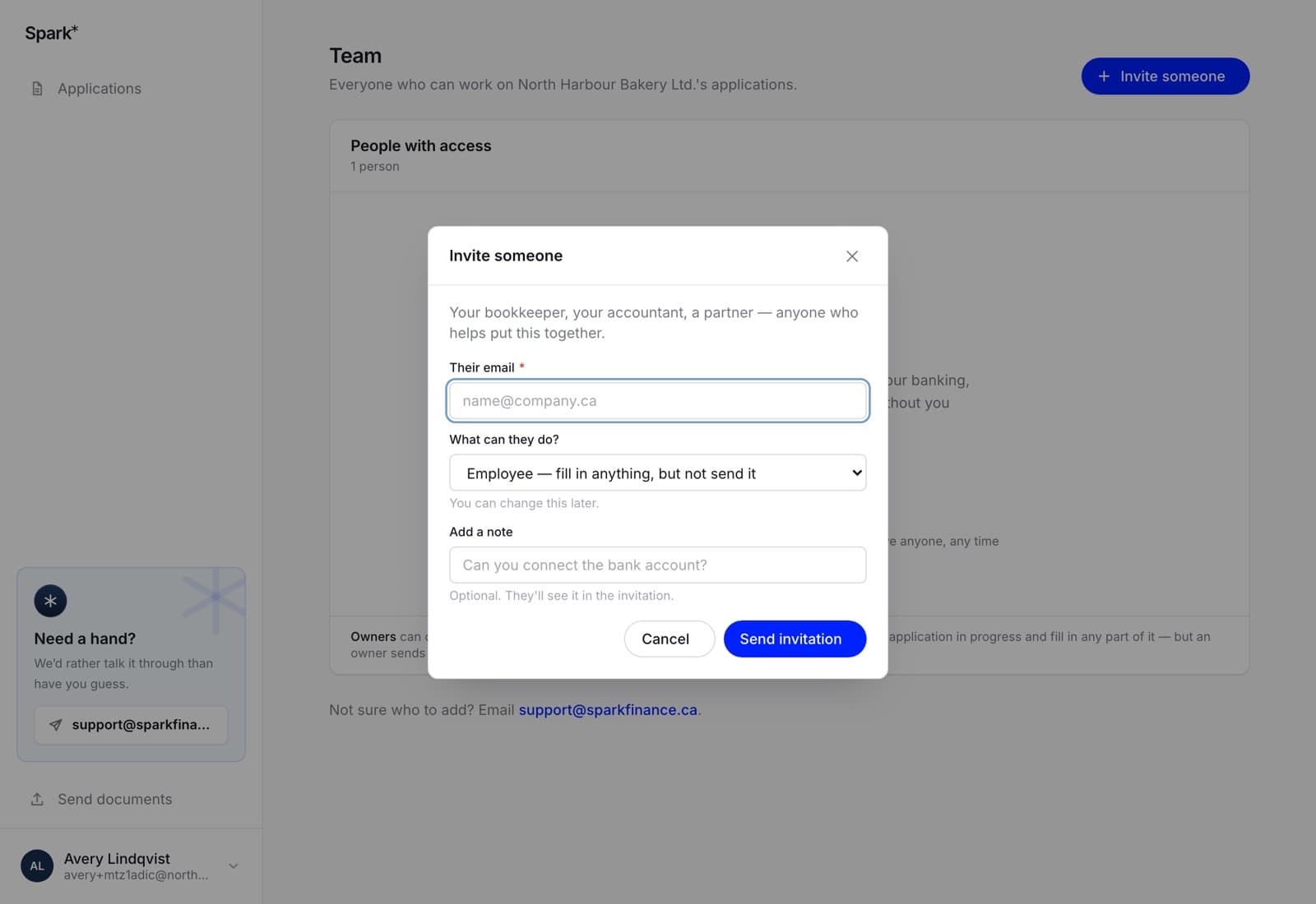 The invite someone dialog asking for their email, what they can do, and an optional note, with a Send invitation button.