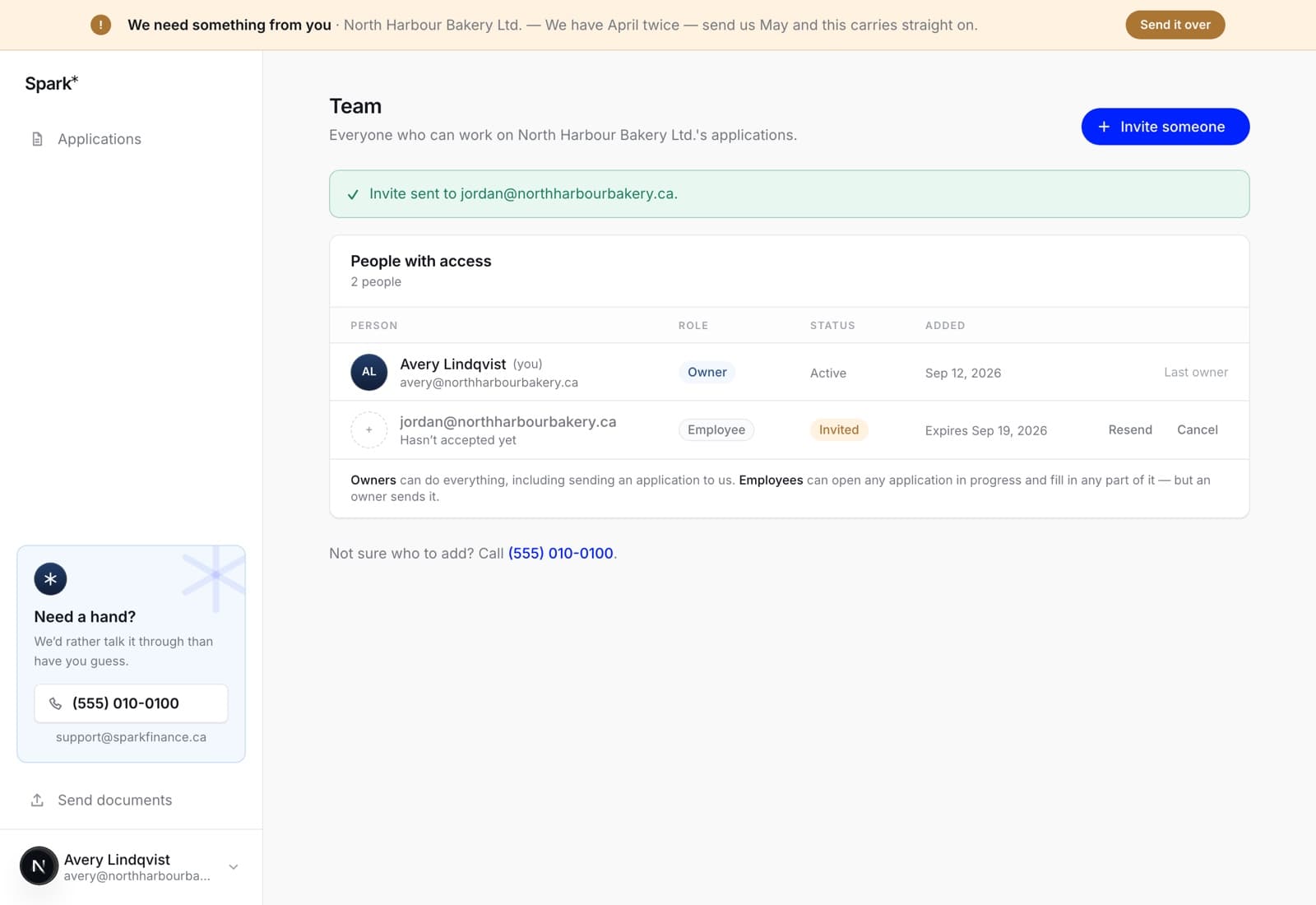 The Team screen with a pending invitation listed under the members, showing the invited email, the role, an Invited badge, the date it expires, and Resend and Cancel actions.