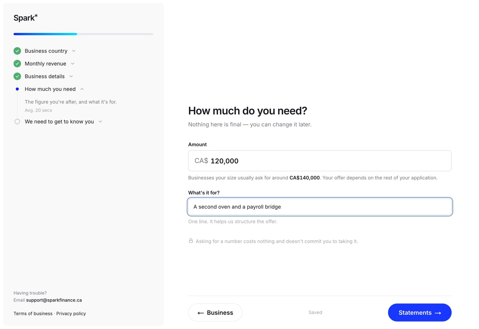 The funding step of a Spark application in a browser: an amount of $120,000 and a one-line note about what it is for.