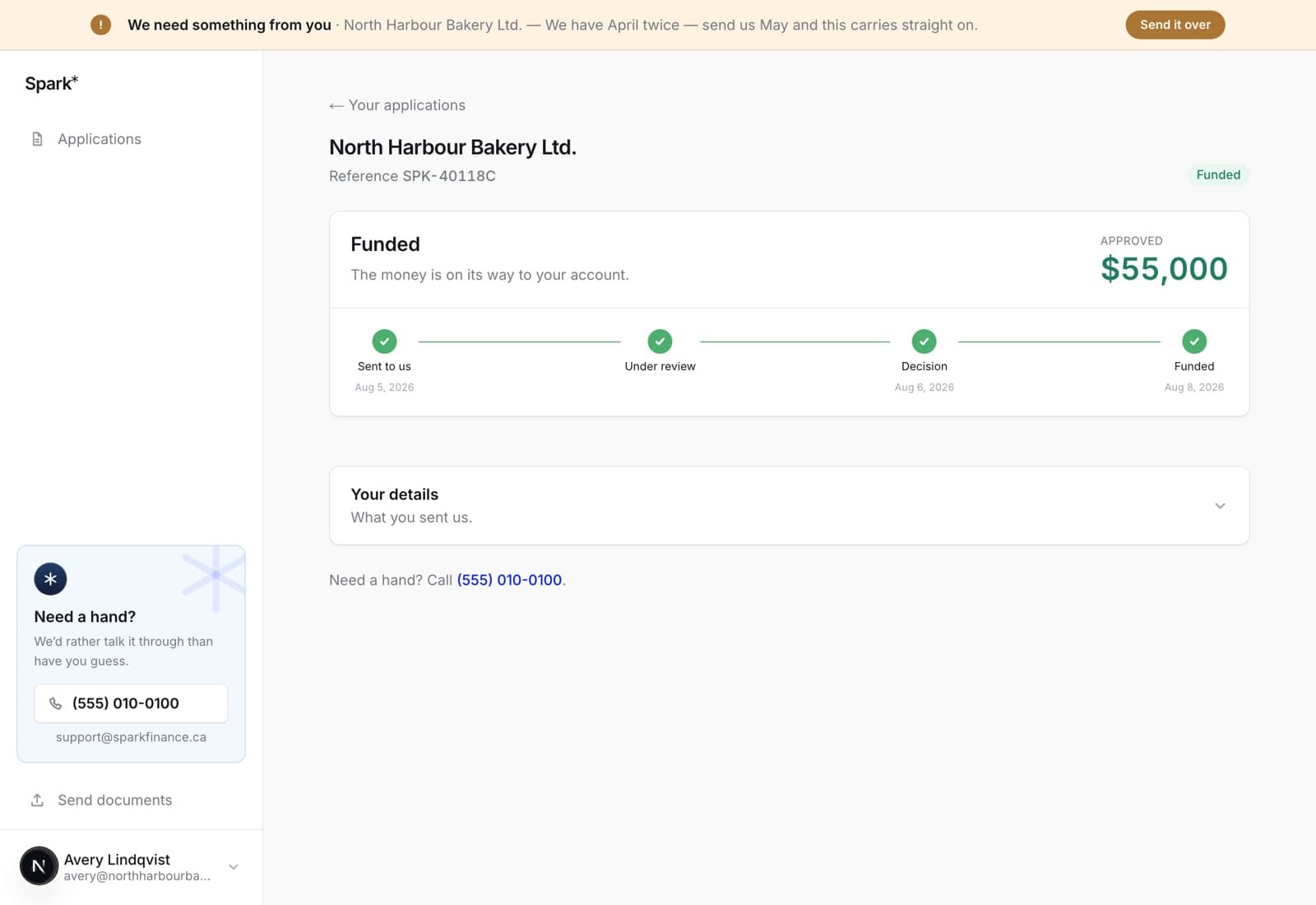 An application that has been funded: the reference SPK-40118C, a Funded badge, the approved amount of $55,000, and all four stages of the tracker ticked with their dates.