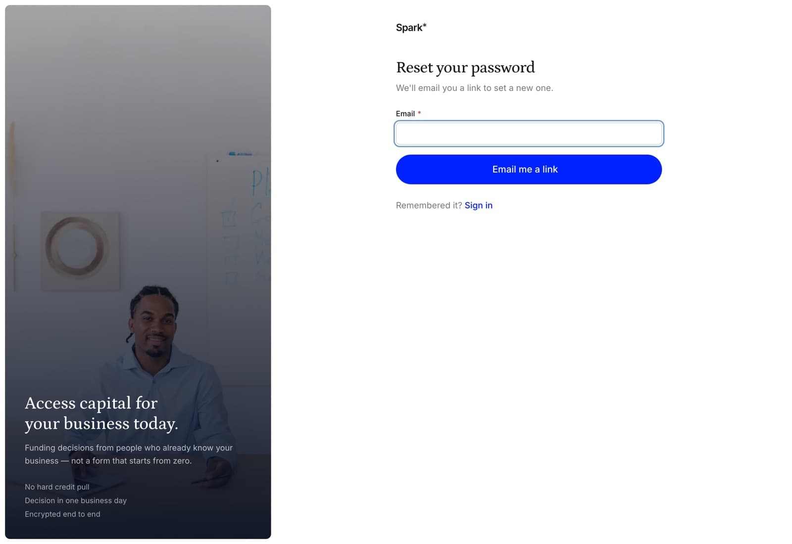 The reset your password page with an email field and a button reading email me a link.