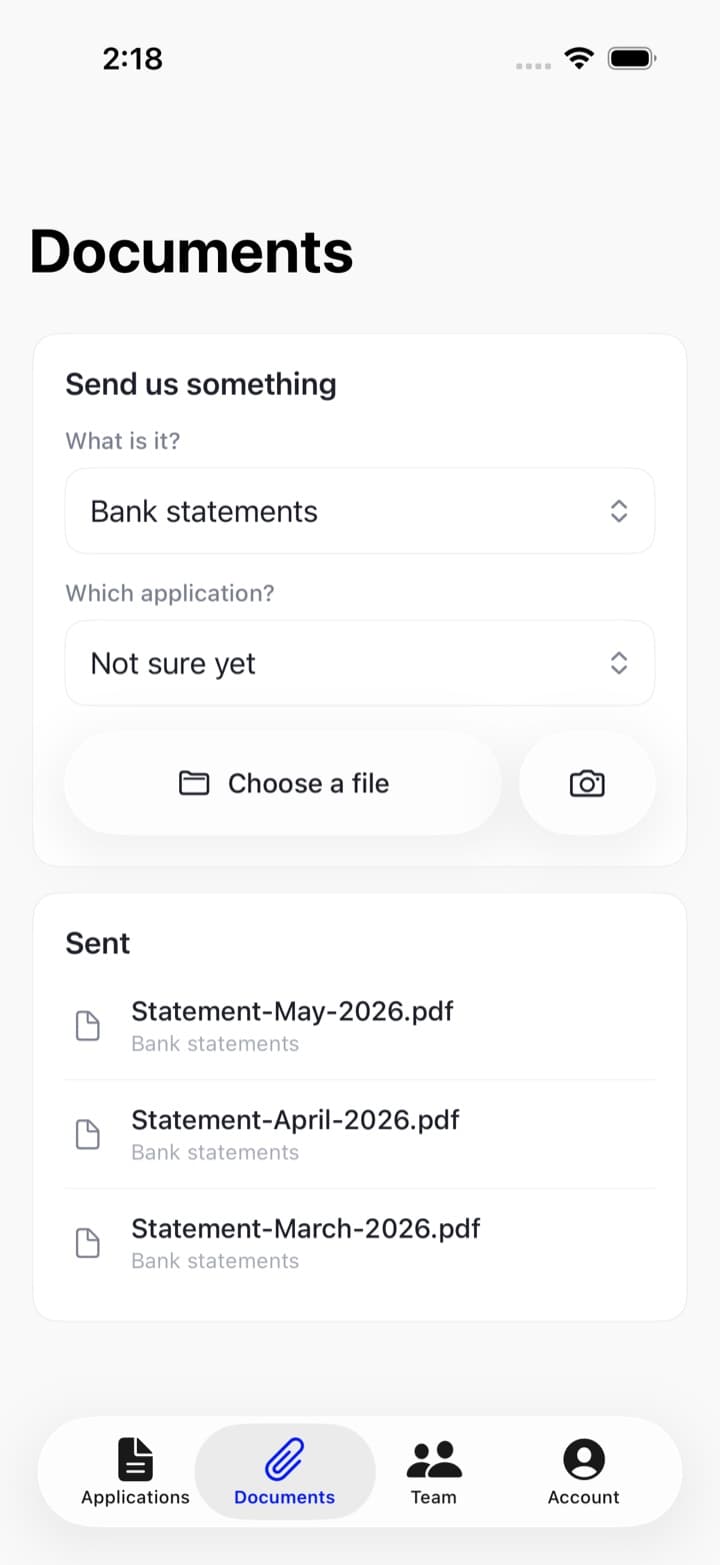 The Documents tab in the Spark app listing three statements under a heading reading Sent.