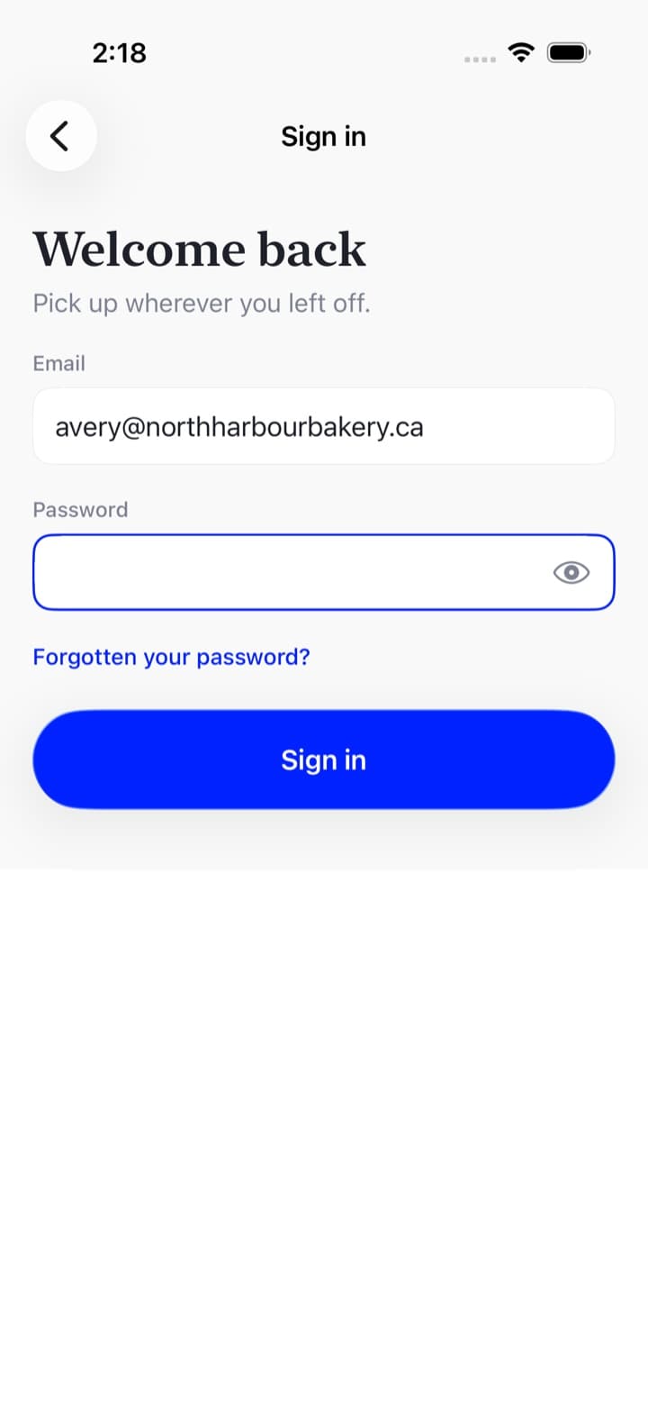 The Spark app sign-in screen, titled welcome back, with email and password fields and a Sign in button.