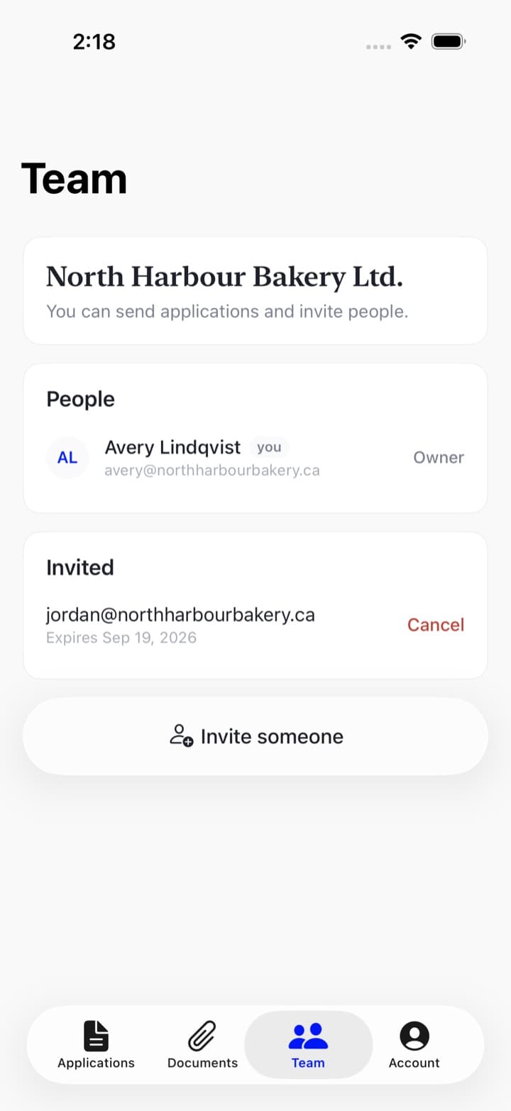 The Team tab showing the business, the line you can send applications and invite people, the people on the team with their roles, and an invite someone button.