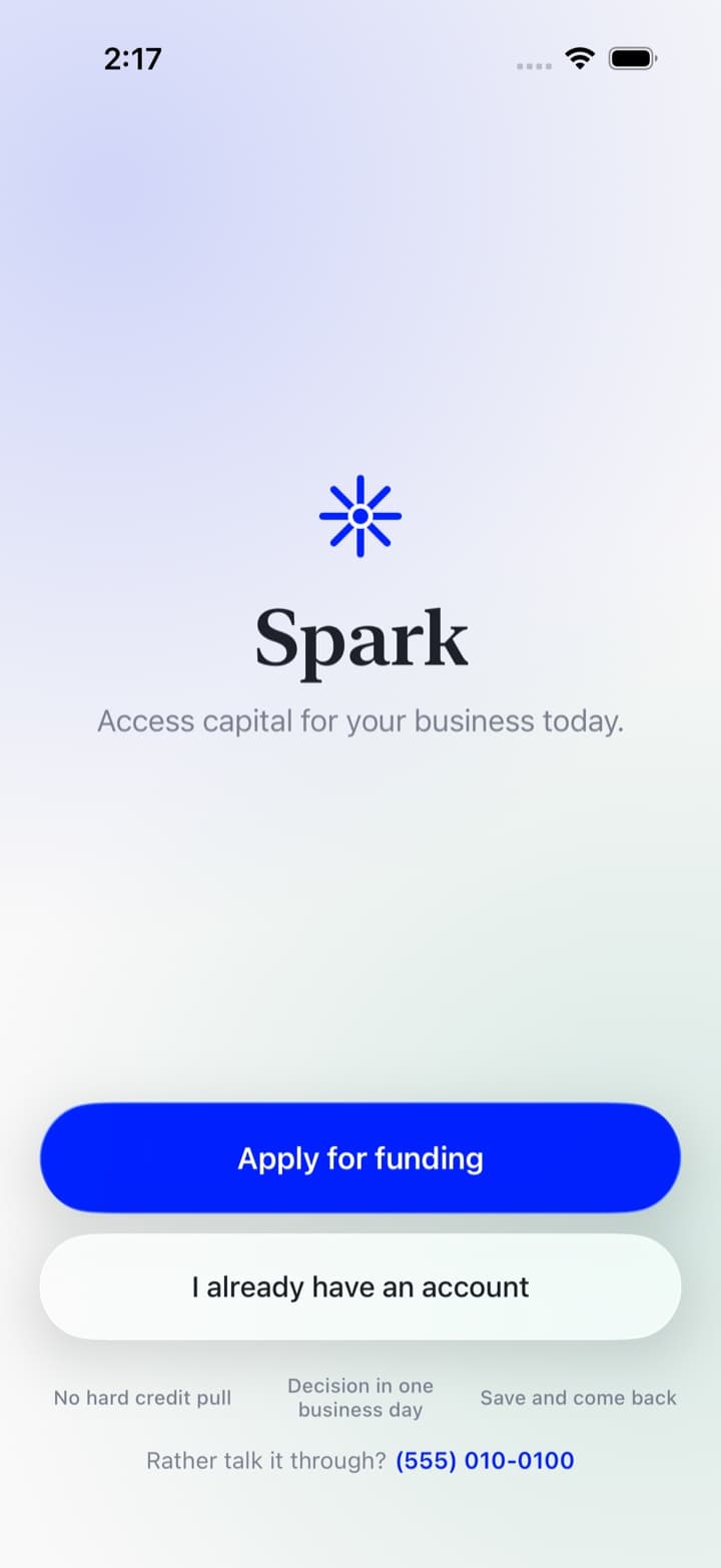 The Spark app welcome screen with the Spark mark, the tagline, and two buttons: Apply for funding and I already have an account.