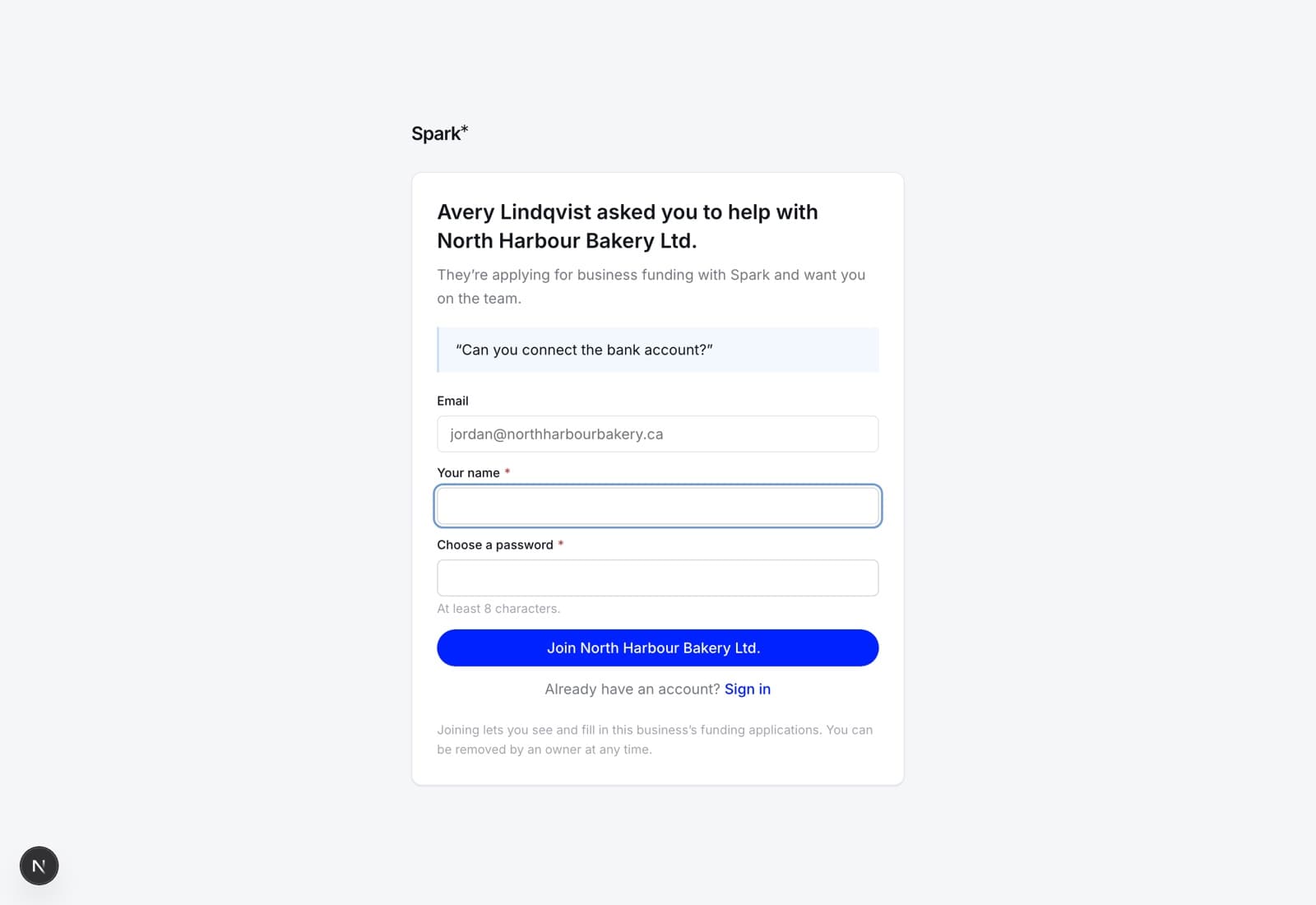 The invitation page: Avery Lindqvist asked you to help with North Harbour Bakery Ltd., their note reading can you connect the bank account, a fixed email address, and fields for your name and a password.