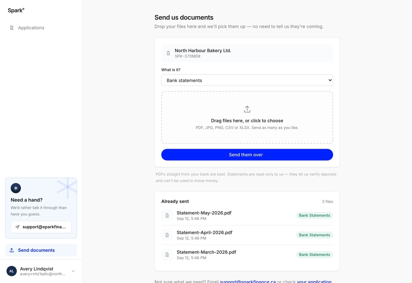 The Send documents screen with a list headed Already sent, showing three statements with their dates and a Bank Statements label.
