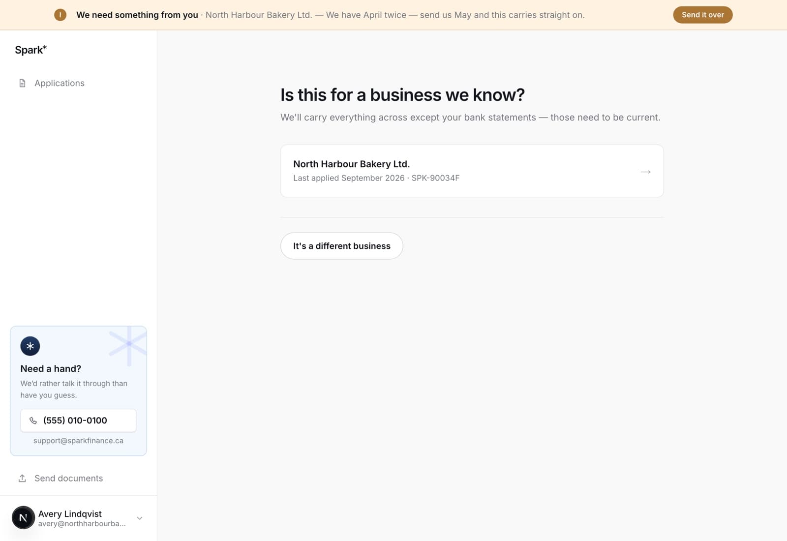 The is this for a business we know screen, listing North Harbour Bakery Ltd with last applied September 2026 and the reference SPK-90034F, above a button reading it's a different business.