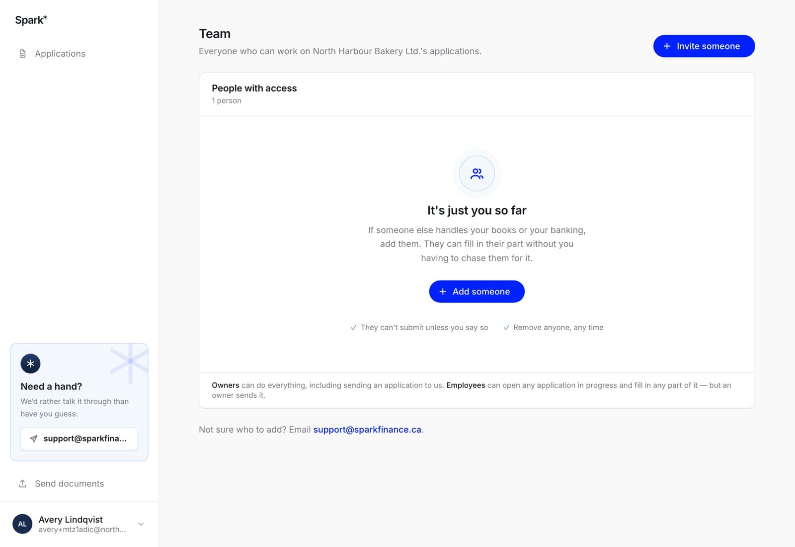The Team screen listing the people with access to the business's applications, their roles, and a line explaining that owners can do everything including sending an application while employees can fill in any part of it.