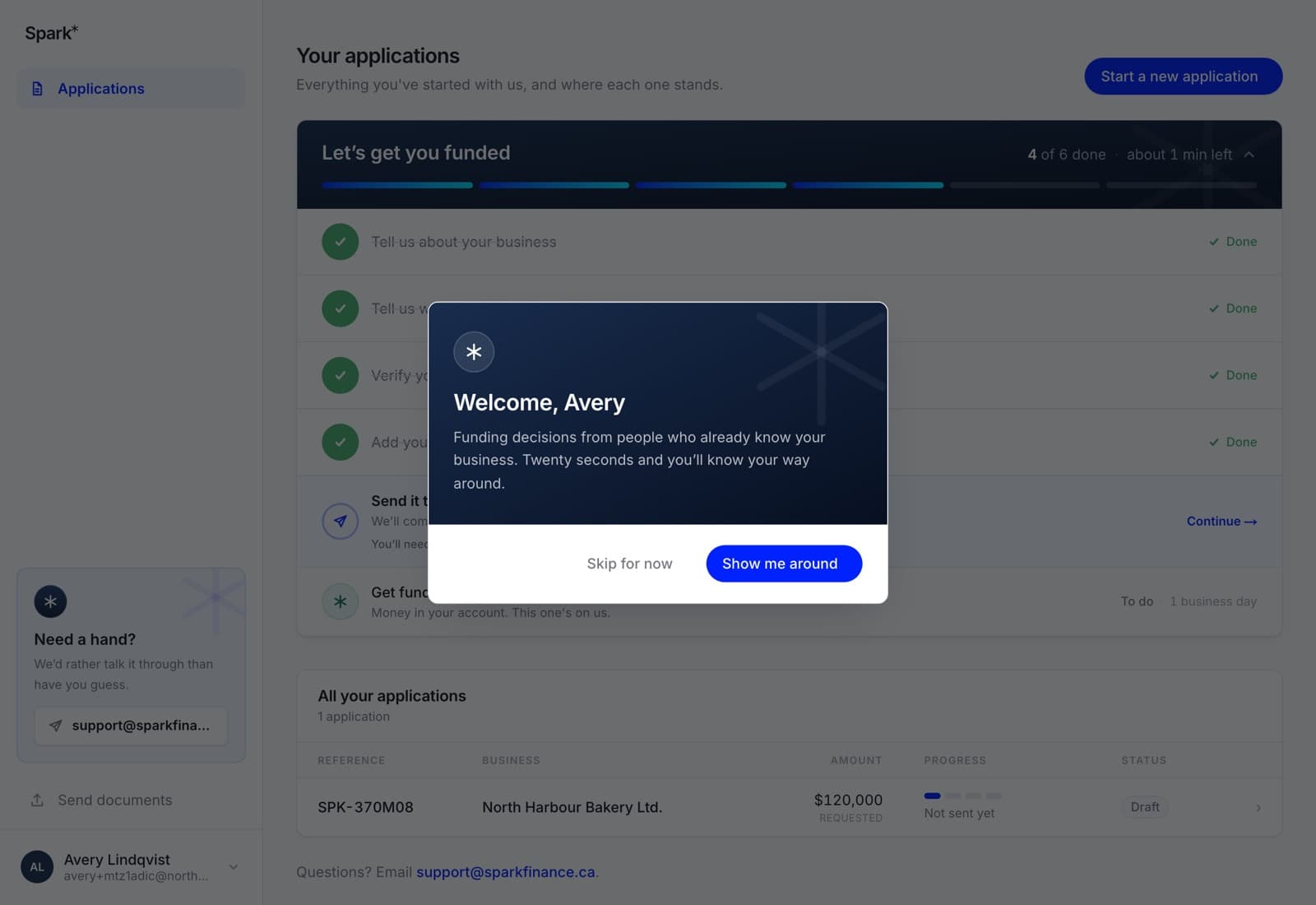 The applications screen with a welcome card over it reading Welcome, Avery, with Skip for now and Show me around buttons.