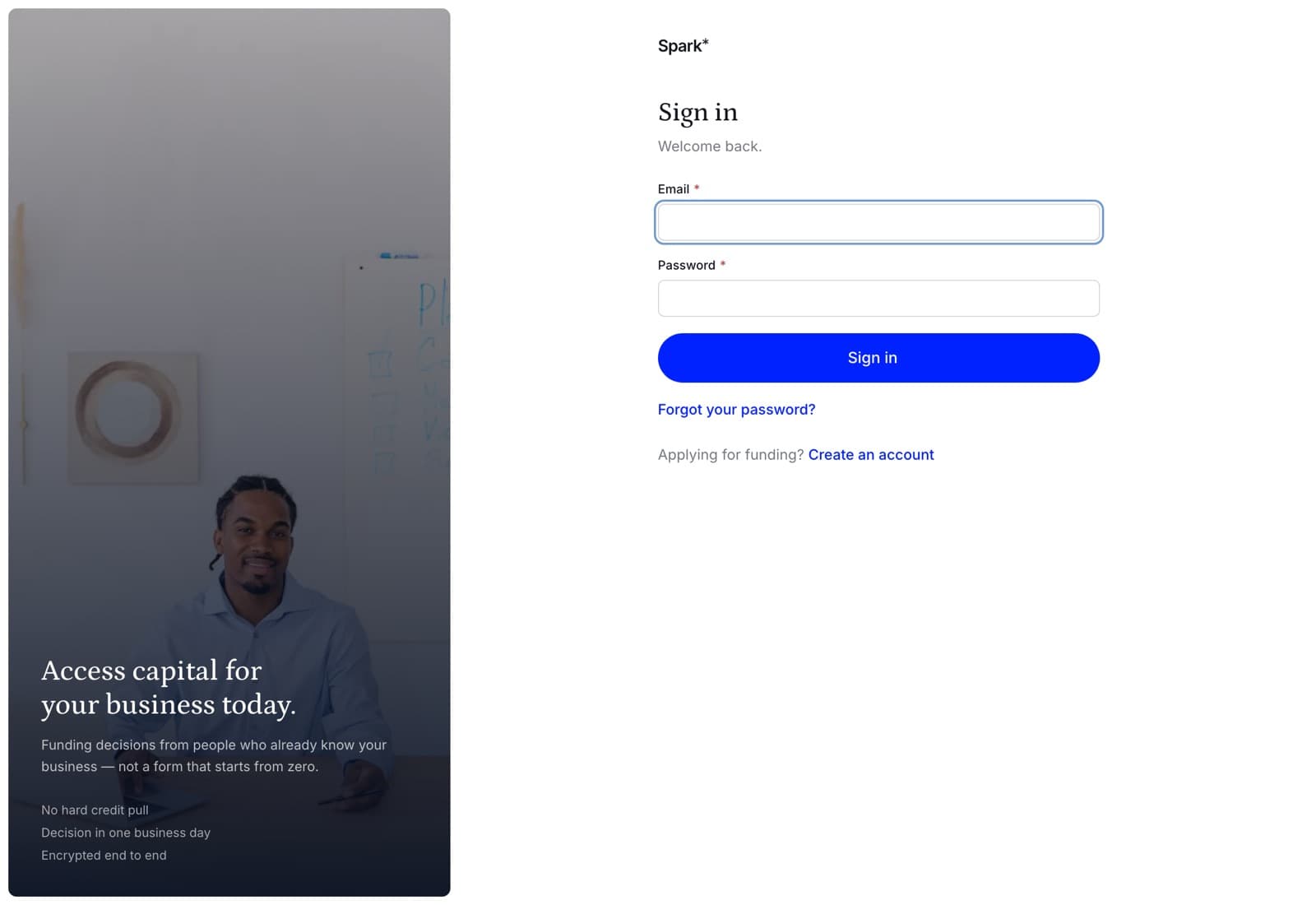 The Spark sign-in page with email and password fields, a Sign in button, a forgot your password link, and a link to create an account.