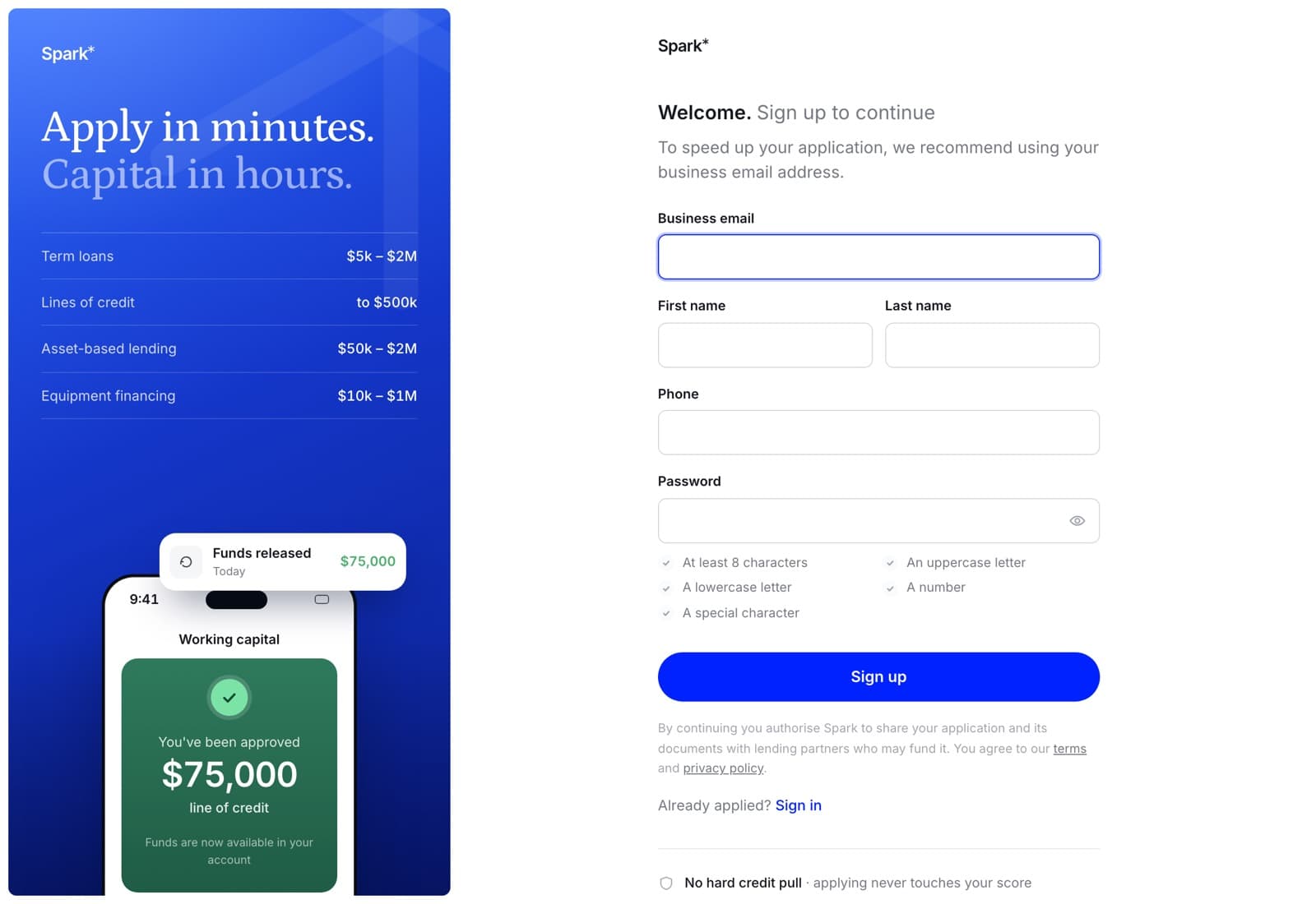 The Spark sign-up screen: a blue panel listing term loans, lines of credit, asset-based lending and equipment financing next to a short form asking for email, name, phone and a password.