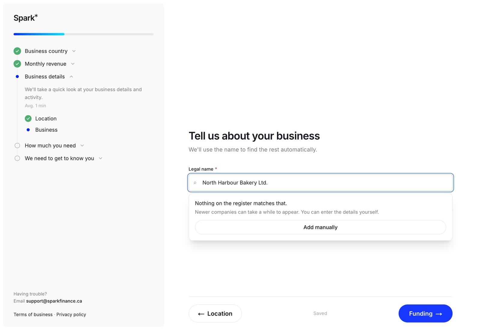 The business step with a legal name typed into the search box and a panel offering to add the details manually.