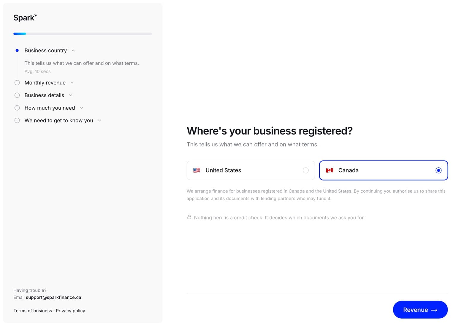 The first wizard step, Where's your business registered, with Canada and United States as two large selectable cards.