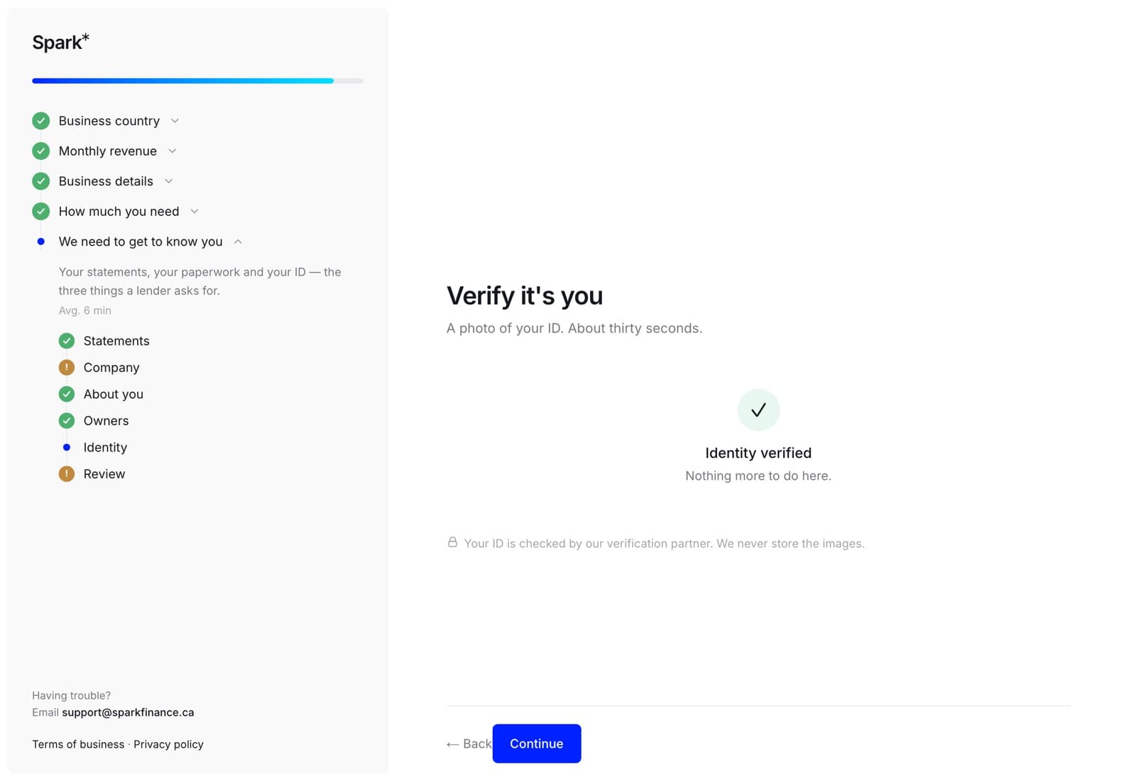 The identity step after a successful check, showing a green tick and the words identity verified, nothing more to do here.