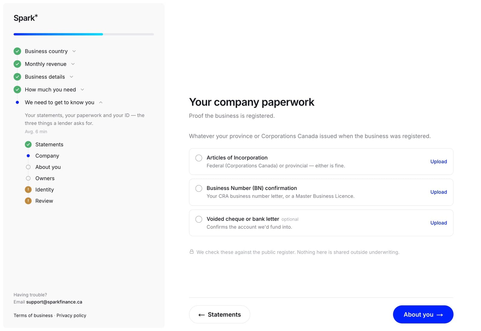 The company paperwork step listing articles of incorporation, business number confirmation, and an optional voided cheque, each with an Upload action.