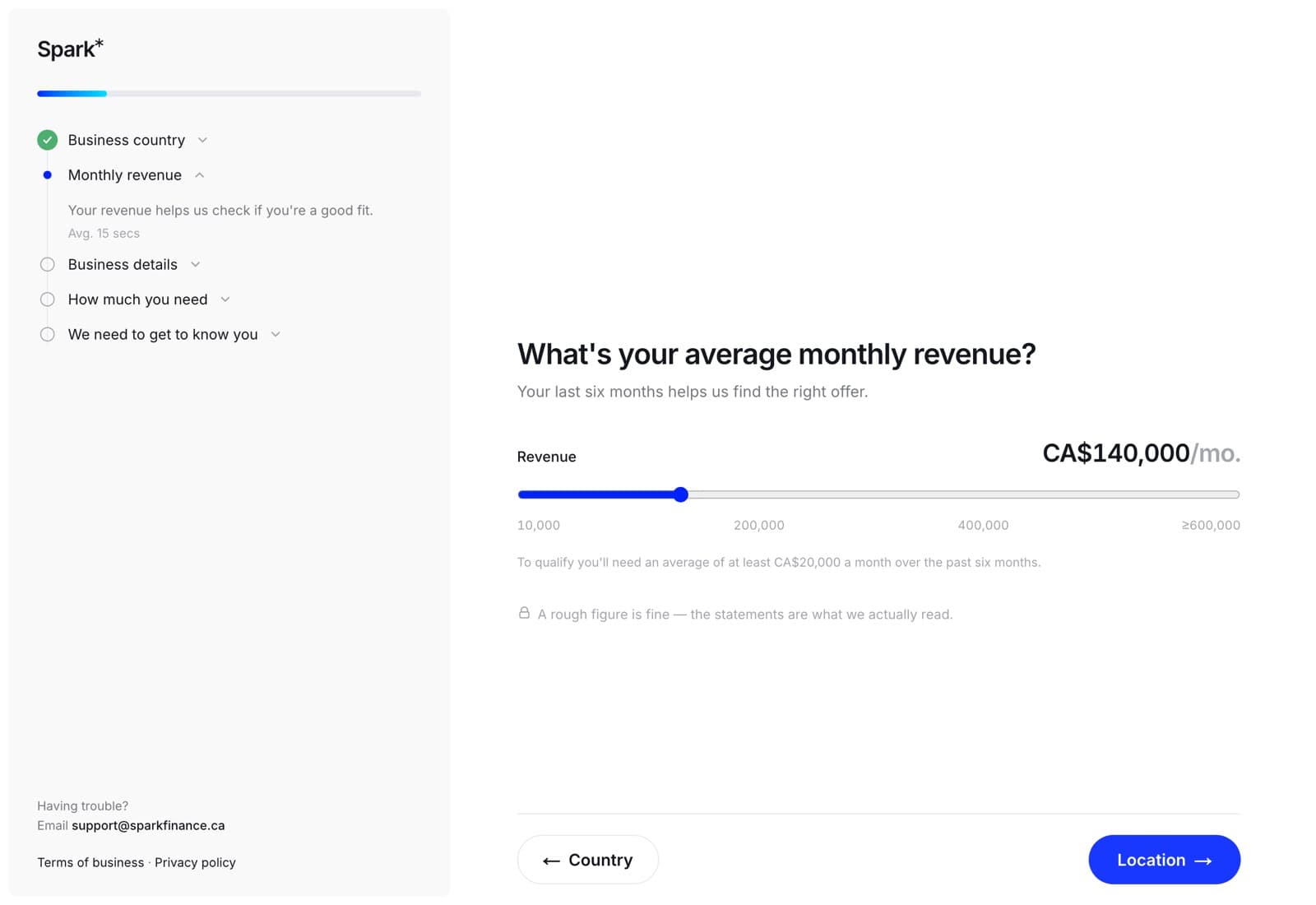 The revenue step showing a slider set to $140,000 per month, with a note that you need an average of at least $20,000 a month to qualify.