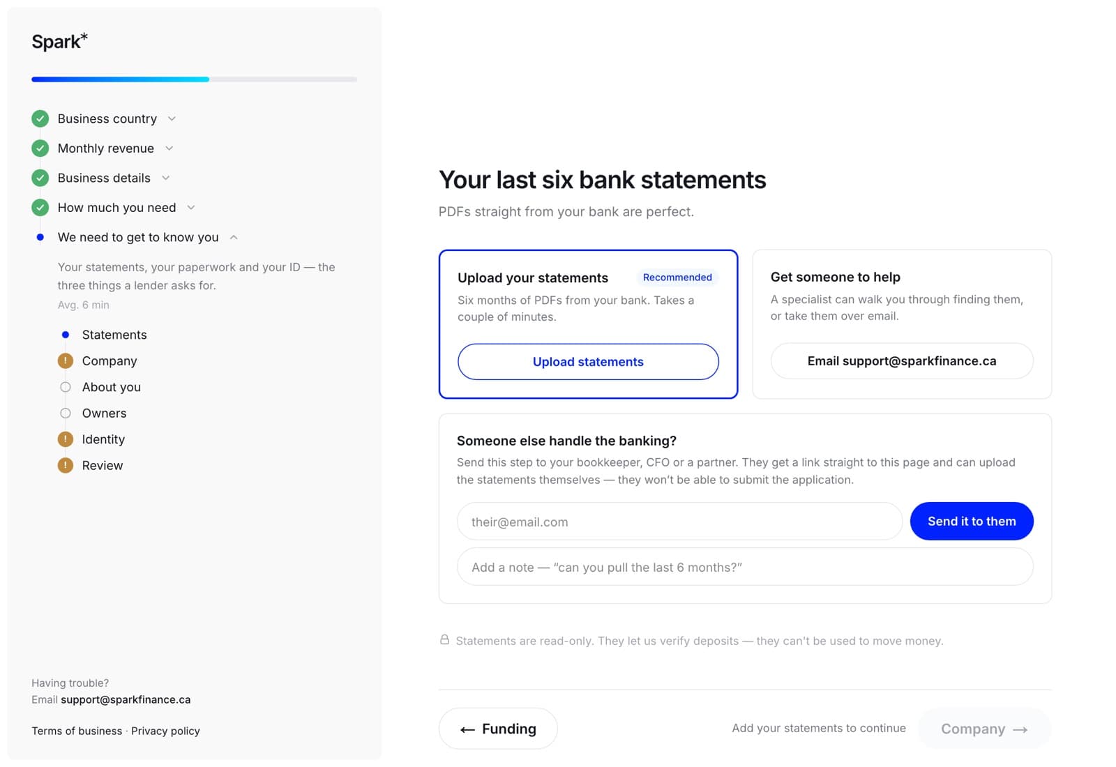 The bank statements step offering two cards: upload your statements, marked recommended, and get someone to help with a phone number.